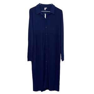 ASOS Ribbed Long Sleeve Midi Shirt Dress - Navy 10